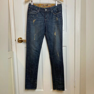 Paige Skyline Dark Blue Denim Distressed Straight Cut Jeans Size 24 Wome…